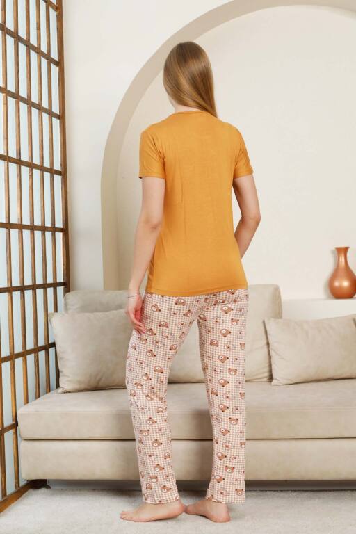 Ayıcık Desenli Kadın Pijama Takımı - Açık kahve Renk Likralı Viskon Kısa Kollu 2849KY - 4