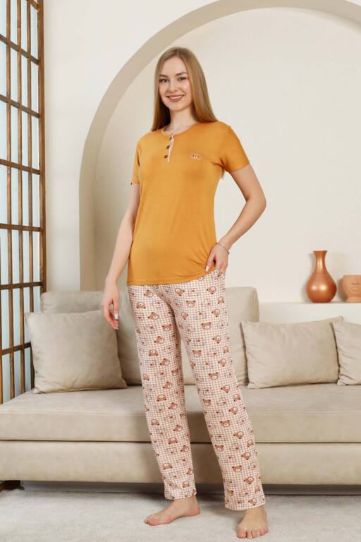 Ayıcık Desenli Kadın Pijama Takımı - Açık kahve Renk Likralı Viskon Kısa Kollu 2849KY - 3