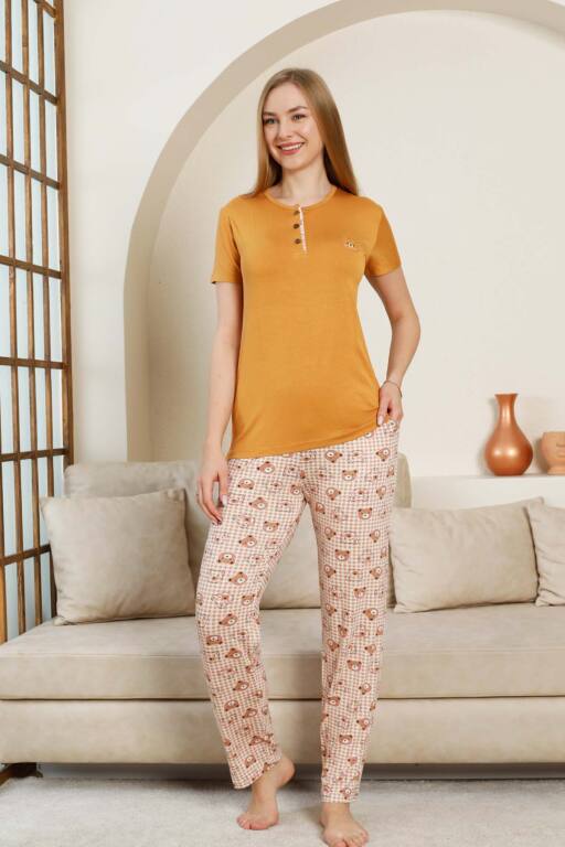 Ayıcık Desenli Kadın Pijama Takımı - Açık kahve Renk Likralı Viskon Kısa Kollu 2849KY - Alimer
