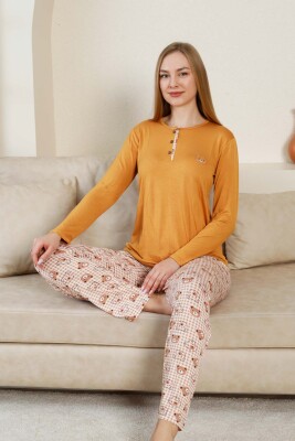 Ayıcık Desenli Kadın Pijama Takımı - Açık kahve Renk Likralı Viskon Uzun Kollu 2849UY - Alimer (1)