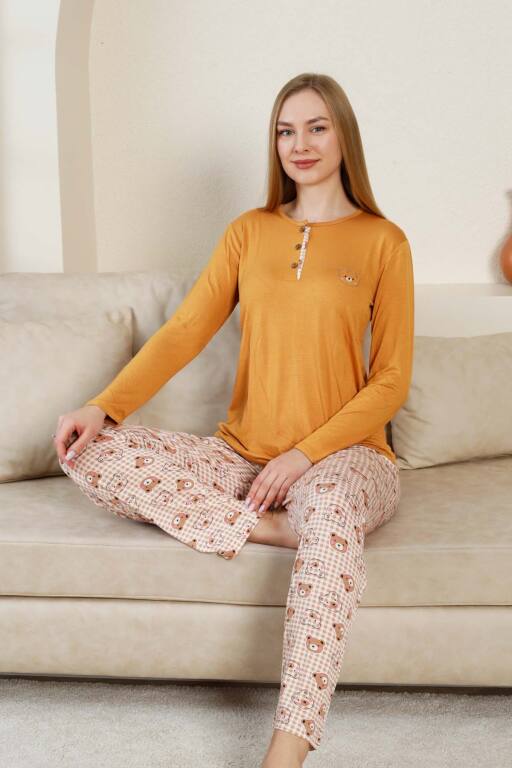 Ayıcık Desenli Kadın Pijama Takımı - Açık kahve Renk Likralı Viskon Uzun Kollu 2849UY - Alimer (1)