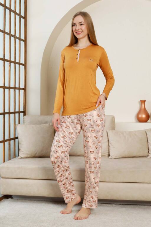 Ayıcık Desenli Kadın Pijama Takımı - Açık kahve Renk Likralı Viskon Uzun Kollu 2849UY - 3