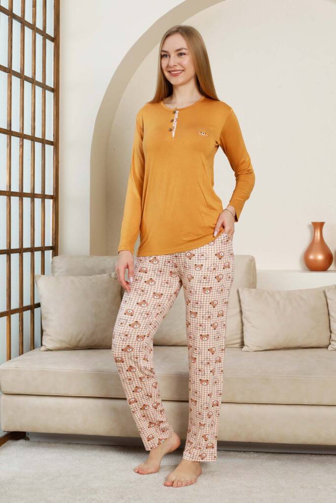 Ayıcık Desenli Kadın Pijama Takımı - Açık kahve Renk Likralı Viskon Uzun Kollu 2849UY - 3