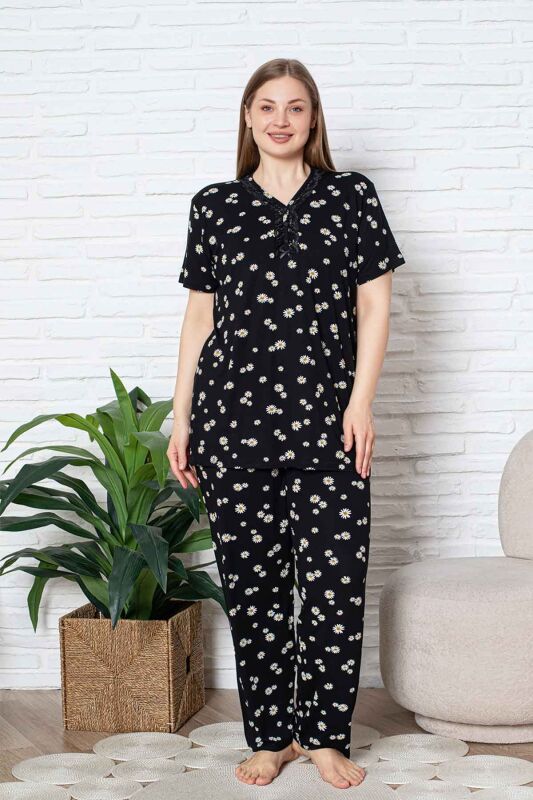 Bayan Büyük Beden Pijama Takımı - Siyah Papatya Desen Kısa Kol Likralı Viskon 2855KYB - 2