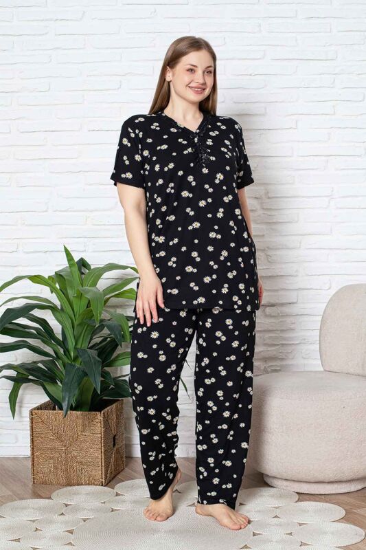 Bayan Büyük Beden Pijama Takımı - Siyah Papatya Desen Kısa Kol Likralı Viskon 2855KYB - 3