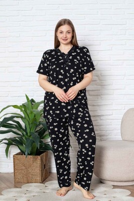 Bayan Büyük Beden Pijama Takımı - Siyah Papatya Desen Kısa Kol Likralı Viskon 2855KYB - 4