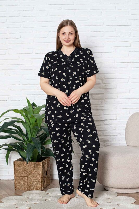 Bayan Büyük Beden Pijama Takımı - Siyah Papatya Desen Kısa Kol Likralı Viskon 2855KYB - 4