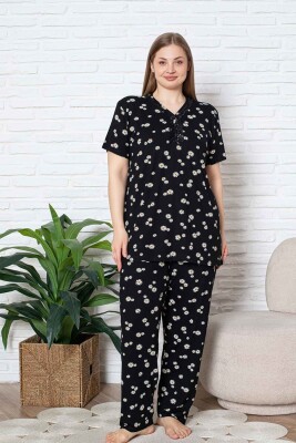 Bayan Büyük Beden Pijama Takımı - Siyah Papatya Desen Kısa Kol Likralı Viskon 2855KYB - Alimer