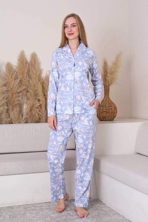 Bayan Pijama Takım - Çiçek Desenli Önden Düğmeli Penye 2917UY - Alimer