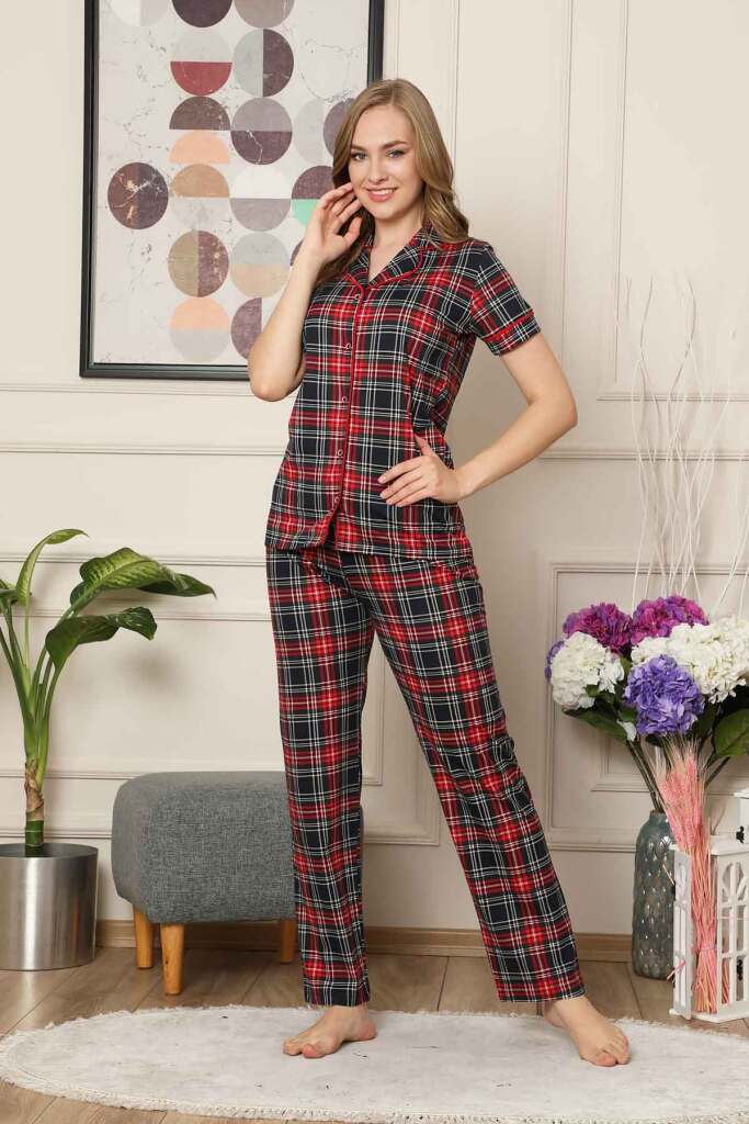 Bayan Pijama Takım - Ekoseli Önden Düğmeli Penye Kısa Kollu 2523KY - 4