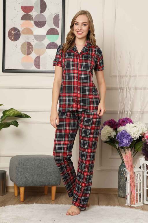 Bayan Pijama Takım - Ekoseli Önden Düğmeli Penye Kısa Kollu 2523KY - Alimer
