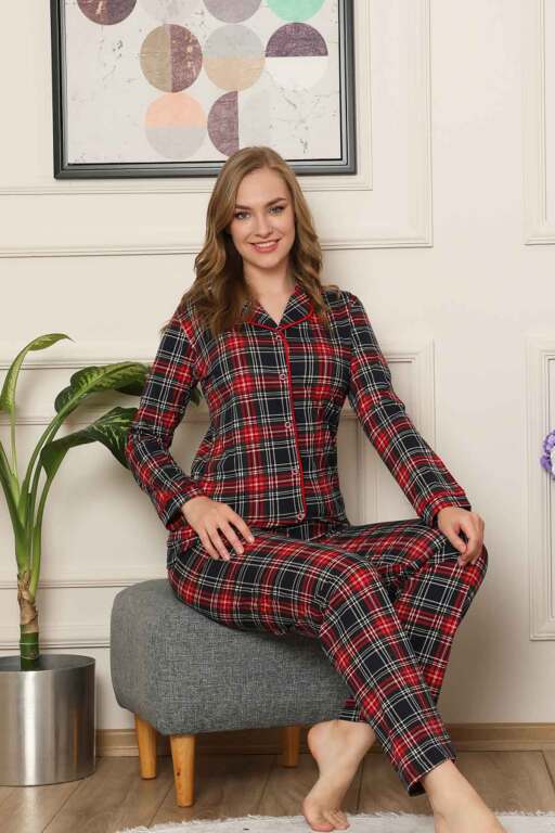 Bayan Pijama Takım - Ekoseli Önden Düğmeli Penye Uzun Kollu 2523UY - 2