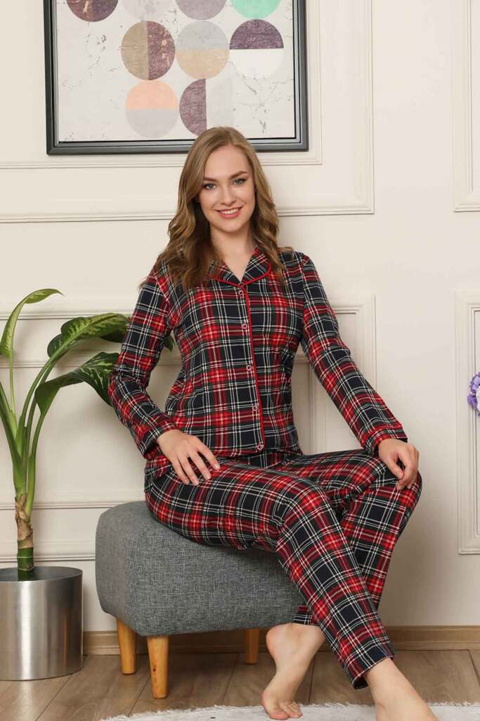 Bayan Pijama Takım - Ekoseli Önden Düğmeli Penye Uzun Kollu 2523UY - 2