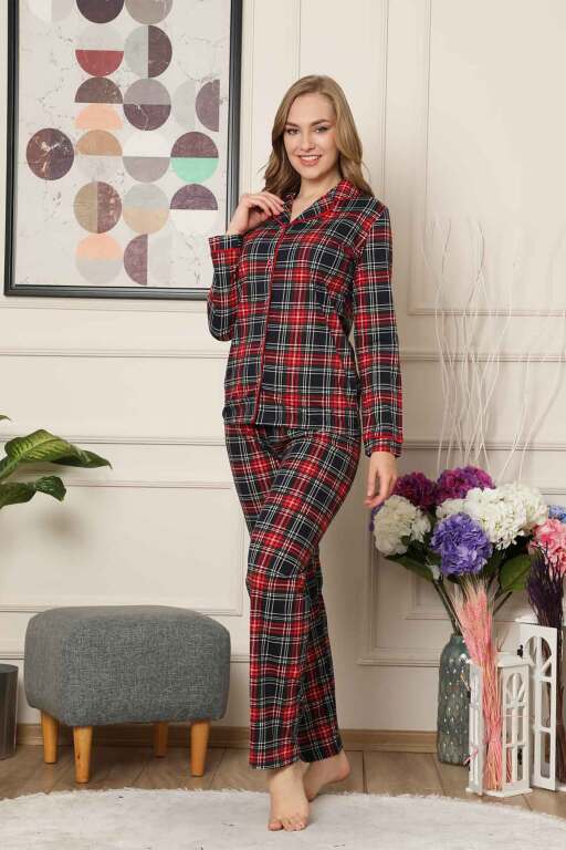 Bayan Pijama Takım - Ekoseli Önden Düğmeli Penye Uzun Kollu 2523UY - 3