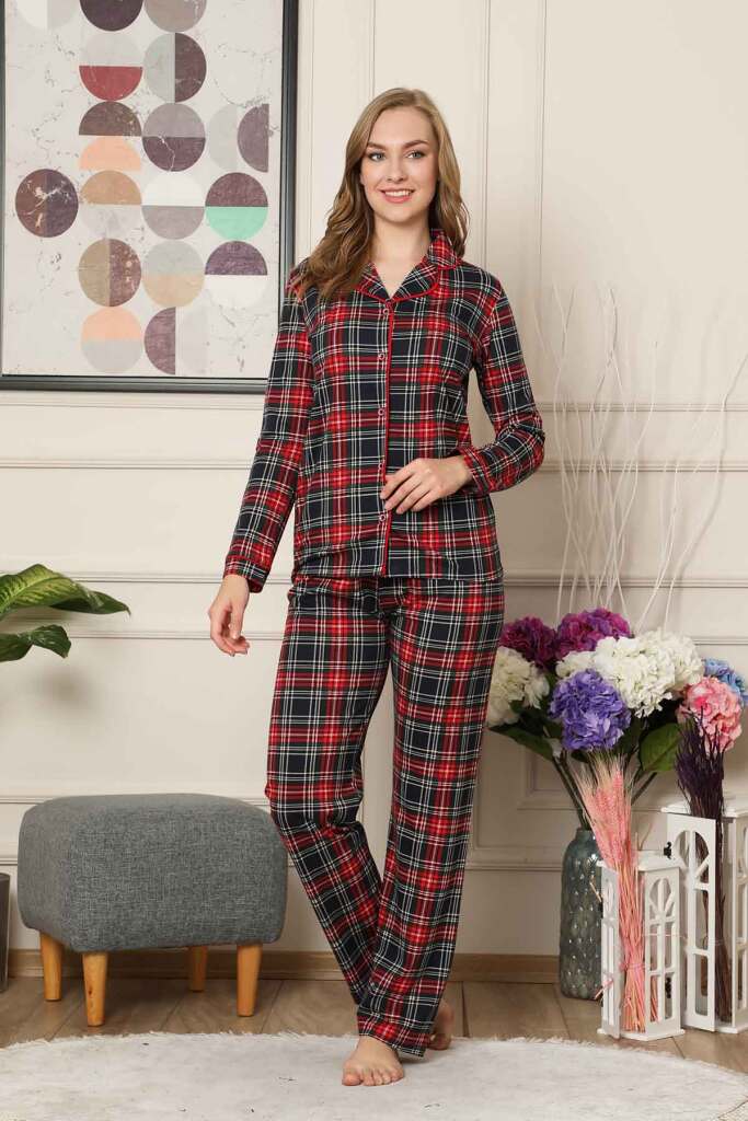 Bayan Pijama Takım - Ekoseli Önden Düğmeli Penye Uzun Kollu 2523UY - 1