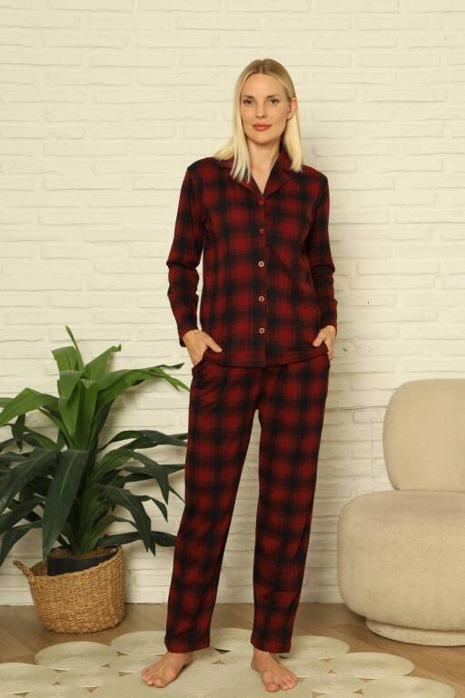 Bayan Pijama Takım - Ekoseli Önden Düğmeli Penye Uzun Kollu 2916UY - 3