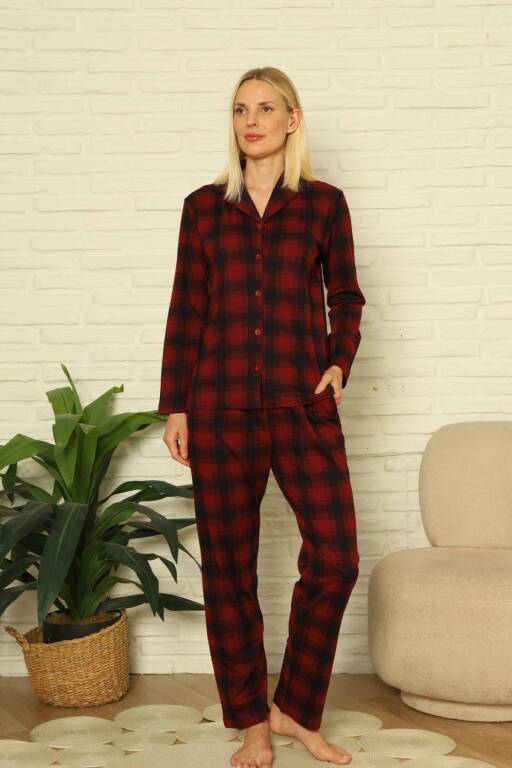 Bayan Pijama Takım - Ekoseli Önden Düğmeli Penye Uzun Kollu 2916UY - 1