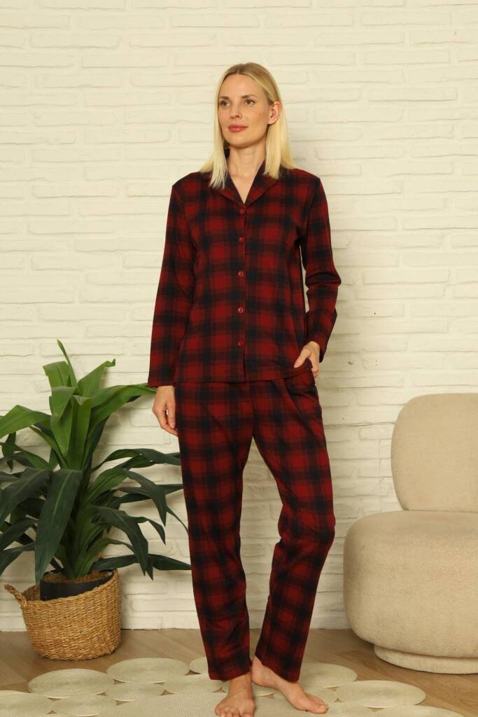 Bayan Pijama Takım - Ekoseli Önden Düğmeli Penye Uzun Kollu 2916UY - 1
