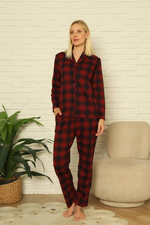 Bayan Pijama Takım - Ekoseli Önden Düğmeli Penye Uzun Kollu 2916UY - 4