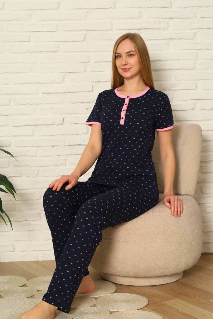 Bayan Pijama Takım - Fiyonk baskılı Kısa Kol Penye 2801KY - 4
