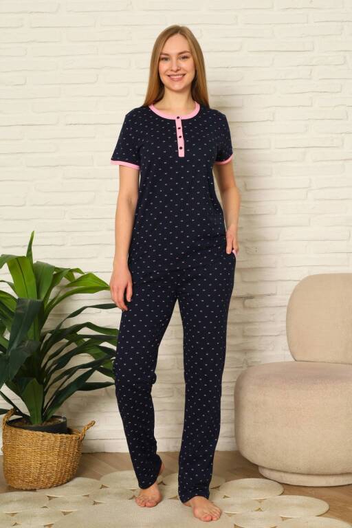 Bayan Pijama Takım - Fiyonk baskılı Kısa Kol Penye 2801KY - Alimer