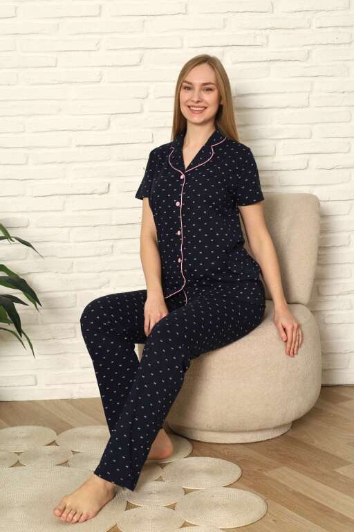 Bayan Pijama Takım - Fiyonk baskılı Önden Düğmeli Penye 2802KY - 2