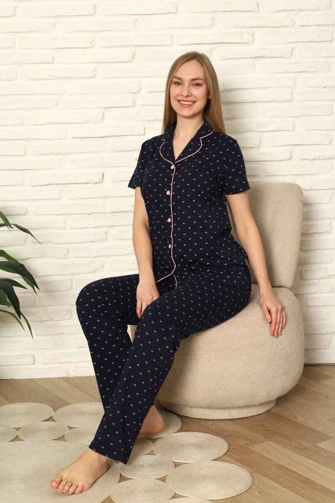 Bayan Pijama Takım - Fiyonk baskılı Önden Düğmeli Penye 2802KY - 2