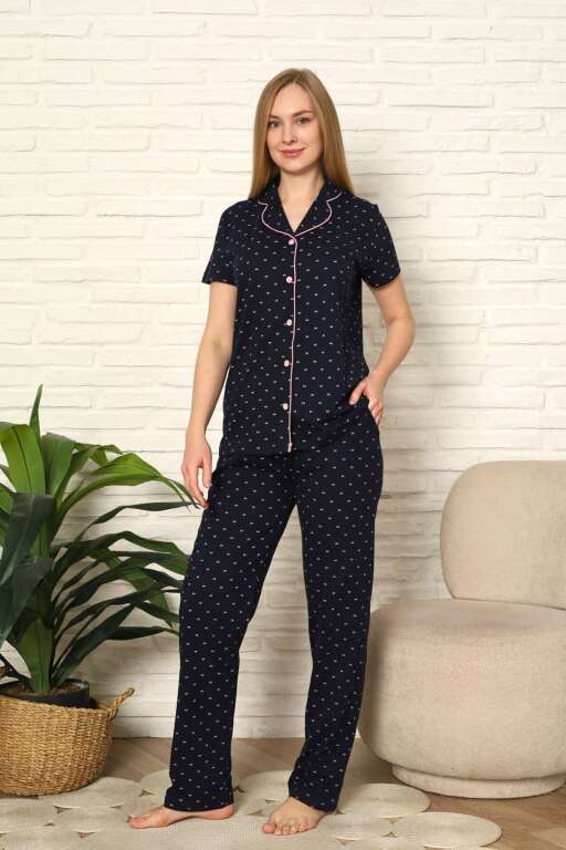 Bayan Pijama Takım - Fiyonk baskılı Önden Düğmeli Penye 2802KY - 3