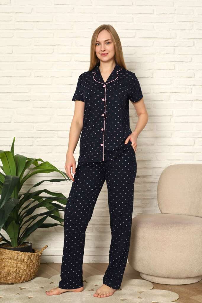 Bayan Pijama Takım - Fiyonk baskılı Önden Düğmeli Penye 2802KY - 3