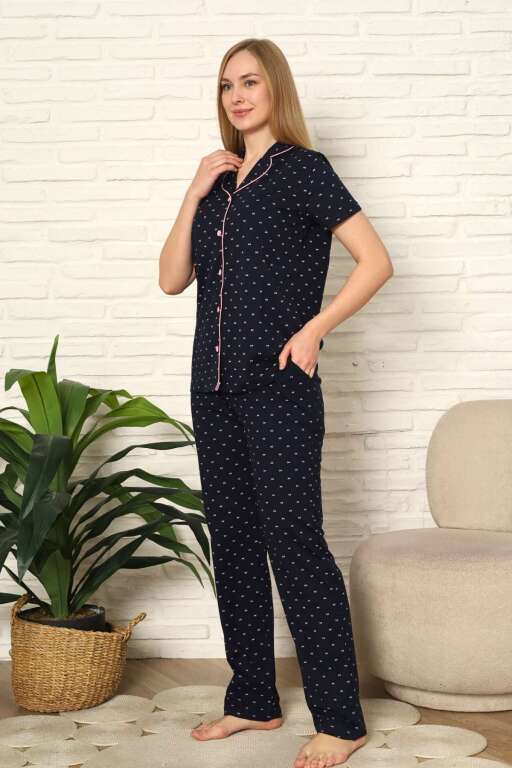 Bayan Pijama Takım - Fiyonk baskılı Önden Düğmeli Penye 2802KY - 4