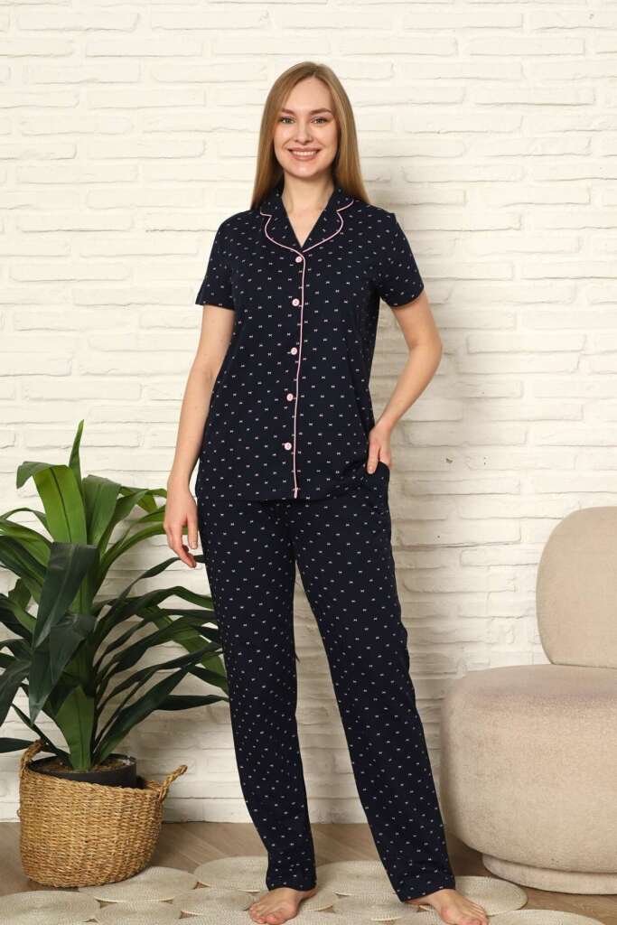 Bayan Pijama Takım - Fiyonk baskılı Önden Düğmeli Penye 2802KY - 1