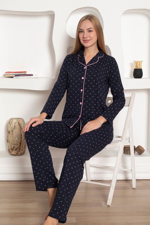 Bayan Pijama Takım - Fiyonk baskılı Önden Düğmeli Penye 2802UY - 2
