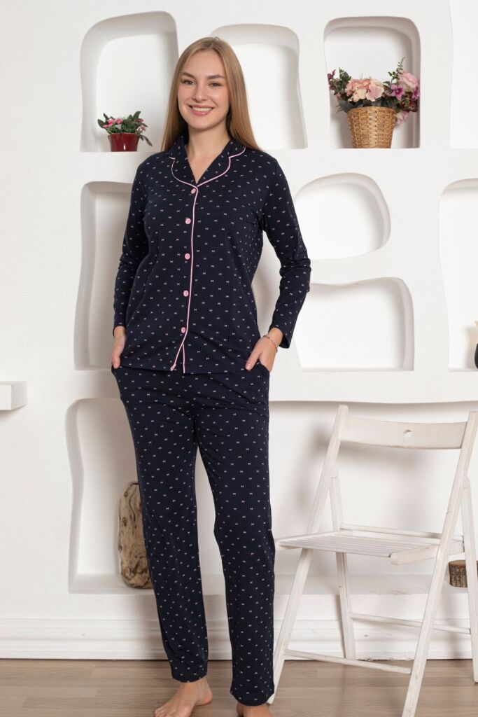 Bayan Pijama Takım - Fiyonk baskılı Önden Düğmeli Penye 2802UY - 1