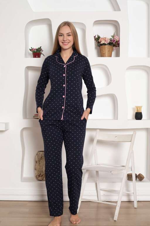 Bayan Pijama Takım - Fiyonk baskılı Önden Düğmeli Penye 2802UY - 3