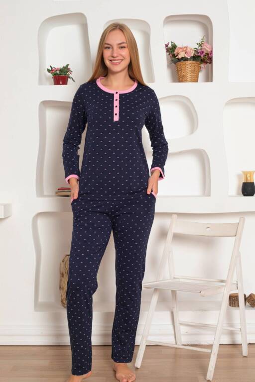 Bayan Pijama Takım - Fiyonk baskılı Uzun Kol Penye 2801UY - Alimer