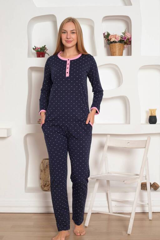 Bayan Pijama Takım - Fiyonk baskılı Uzun Kol Penye 2801UY - 2
