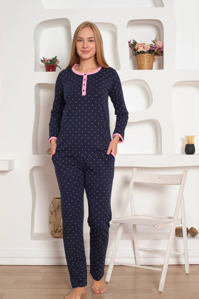 Bayan Pijama Takım - Fiyonk baskılı Uzun Kol Penye 2801UY - 2