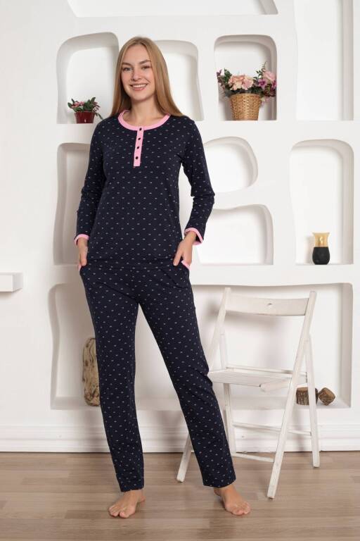 Bayan Pijama Takım - Fiyonk baskılı Uzun Kol Penye 2801UY - 3