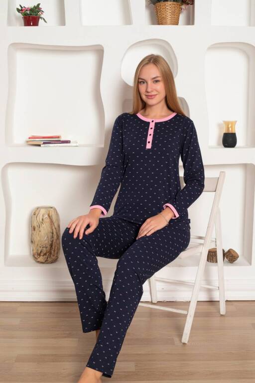 Bayan Pijama Takım - Fiyonk baskılı Uzun Kol Penye 2801UY - 4