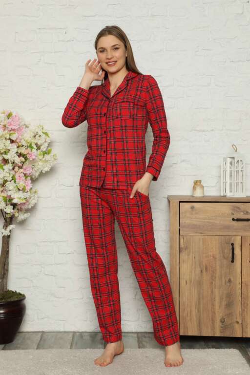 Bayan Pijama Takım - Kırmızı Kareli Önden Düğmeli Penye Uzun Kollu 2563UY - Alimer