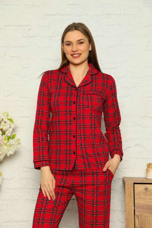 Bayan Pijama Takım - Kırmızı Kareli Önden Düğmeli Penye Uzun Kollu 2563UY - 2