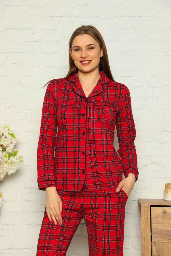 Bayan Pijama Takım - Kırmızı Kareli Önden Düğmeli Penye Uzun Kollu 2563UY - 2