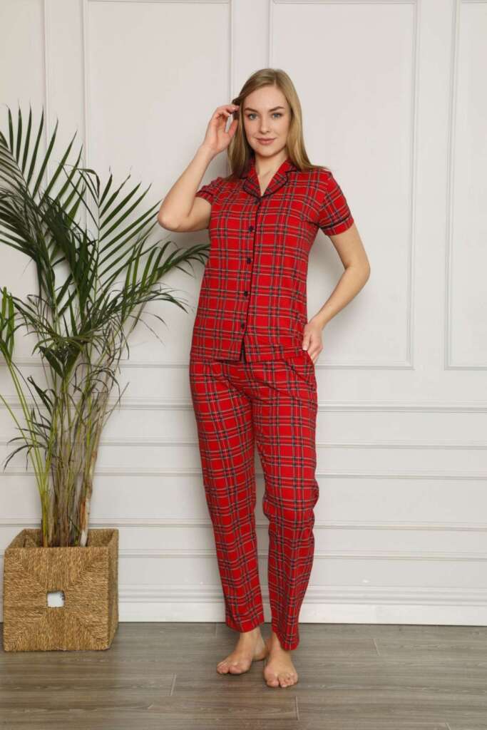 Bayan Pijama Takım - Kırmızı Kareli Önden Düğmeli Penye Kısa Kollu 2563KY - 2