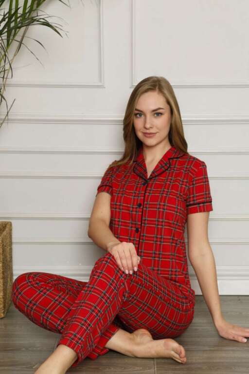 Bayan Pijama Takım - Kırmızı Kareli Önden Düğmeli Penye Kısa Kollu 2563KY - 3