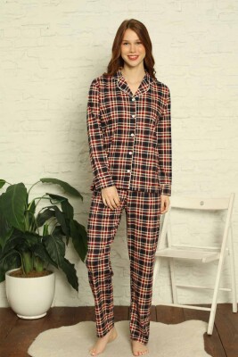 Bayan Pijama Takım - Kareli Önden Düğmeli Penye Uzun Kollu 2699UY - Alimer (1)