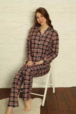Bayan Pijama Takım - Kareli Önden Düğmeli Penye Uzun Kollu 2699UY - Alimer (1)