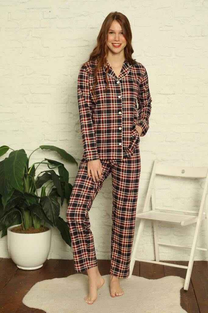 Bayan Pijama Takım - Kareli Önden Düğmeli Penye Uzun Kollu 2699UY - 1