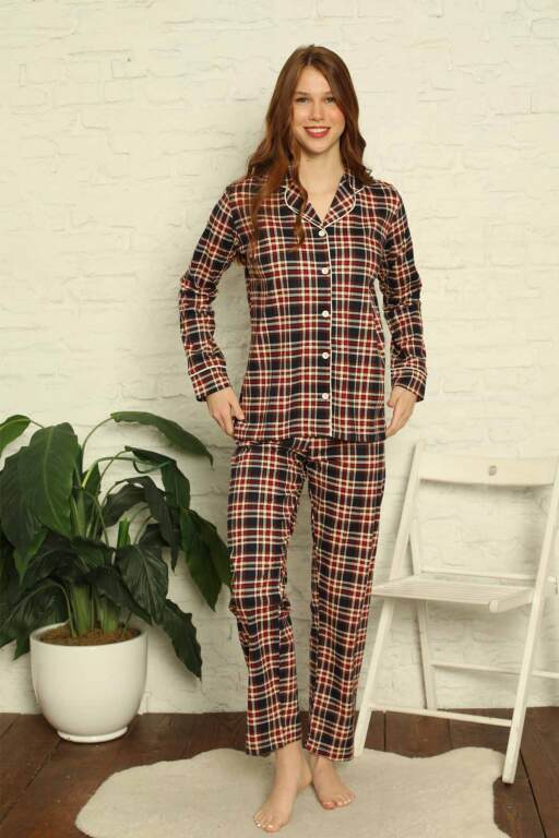 Bayan Pijama Takım - Kareli Önden Düğmeli Penye Uzun Kollu 2699UY - Alimer (1)