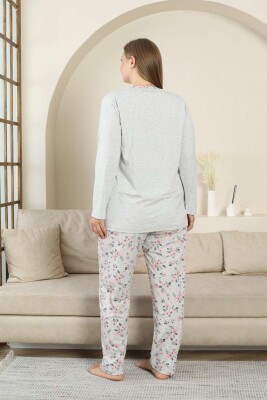 Bayan Pijama Takımı - Gri Çiçek Desen Uzun Kol Likralı Viskon 2875UY - 5