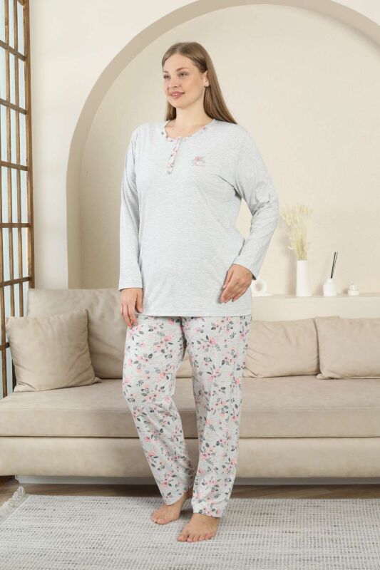 Bayan Pijama Takımı - Gri Çiçek Desen Uzun Kol Likralı Viskon 2875UY - 3